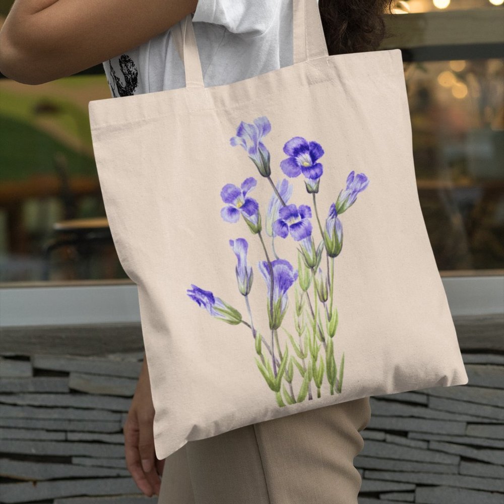 Fringed Gentian Vintage Watercolor Floral Print Graphic Canvas Tote Bag